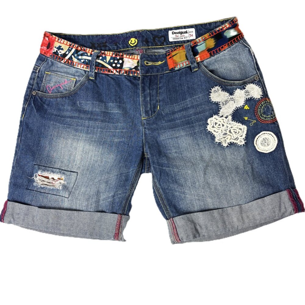 Desigual Denim High Waist Jean Shorts Life Embellished lace embroidery Size 34 - Picture 2 of 11